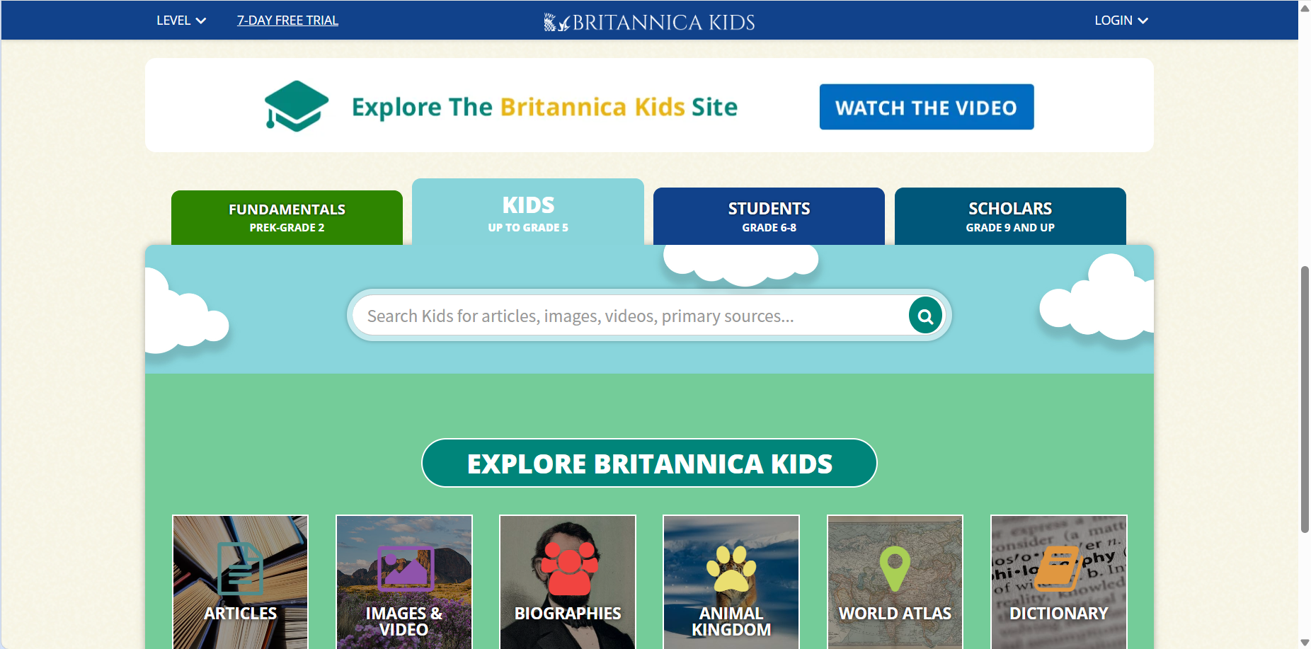 Britannica Kids — 用户提供的 Britannica Kids 官网截图
